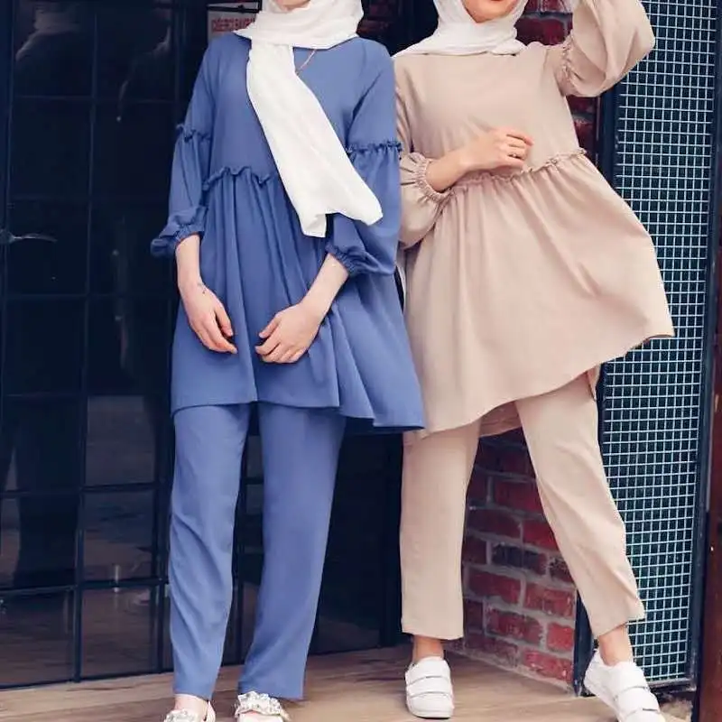 Pants Suit Women Eid Muslim Blouse Trousers 2 Piece Set Ruffles Ramadan Morocco Dubai Islam Top Ensemble Arabic Modest Outfits