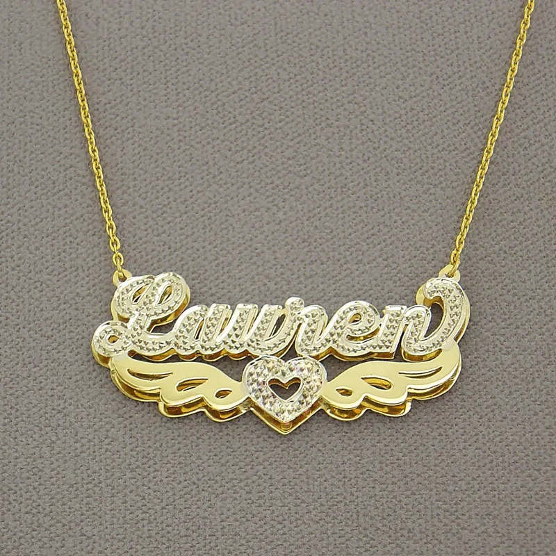 

Custom Double Plate 3D Name Necklace Two Tone Gold Plated Heart Wing NamePlate Pendant Charm Jewelry Gift For Women Mother