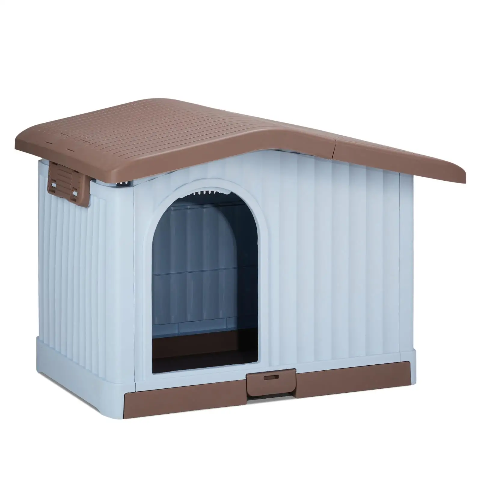 

34-Inch Large Plastic Dog House with Liftable Roof & Adjustable Bar Window - Indoor/Outdoor Puppy Shelter, Brown & White