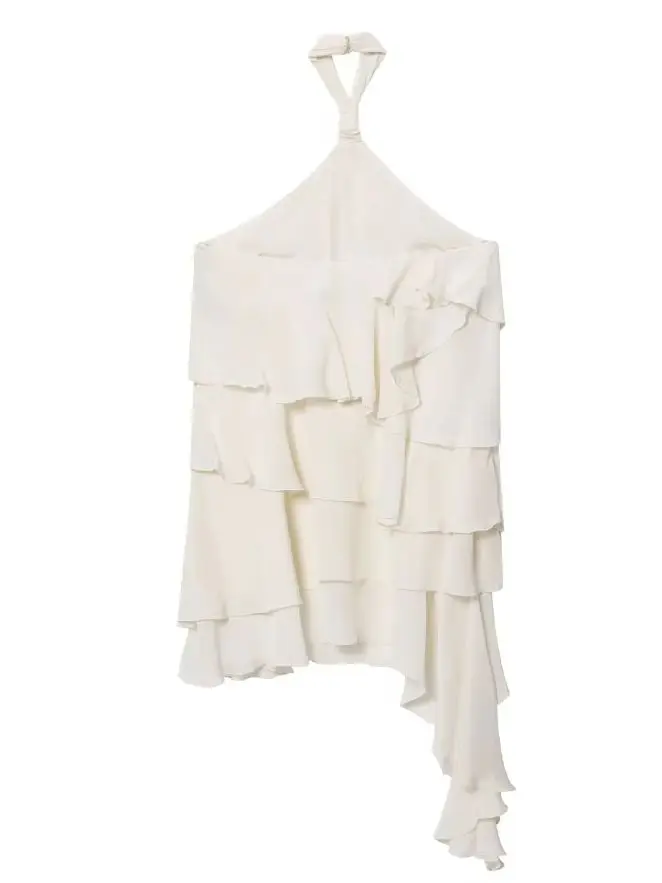 Hh feminino verão chique mini vestido sólido halter pescoço sem costas em camadas decorar zíper moda feminina vestidos sem mangas 2025