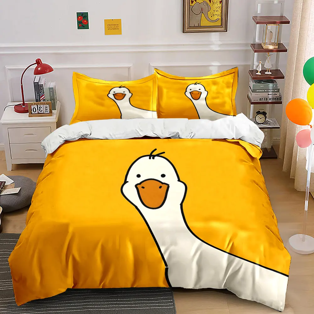 Cute cartoon yellow duck printed bedding set, kid's and adults' bedroom decor, Exquisite three-piece bedding set gift