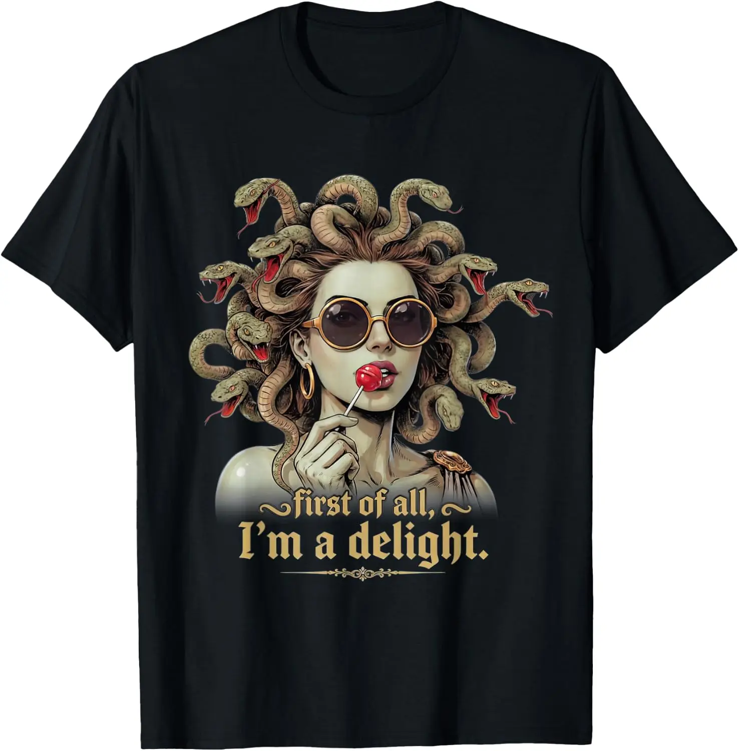 First Of All I'm A Delight Medusa Lollipop Gorgon Sarcastic T-Shirt Men Casual Graphic Print T‑Shirt Crew Neck Short Sleeve Vintage Street Style Soft Fabric Daily Wear Tops. Holiday Festive, Party Wear, Theme Print Tee.