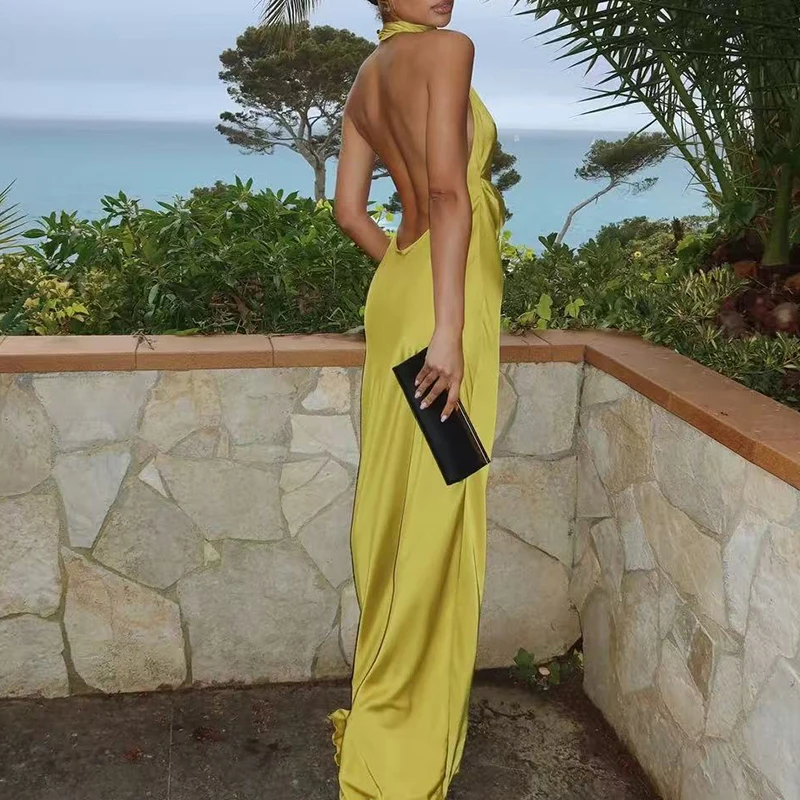 2025 sexy halter oco para fora vestido de cetim elegante sem costas fino ajuste vestido de noite moda feminina altura cintura sem mangas vestido longo