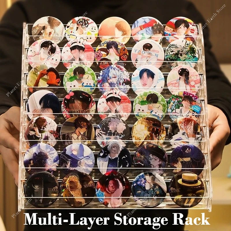Acrylic Badge Storage Box Display Rack Stepped Display Desktop Storage Organizer for 75MM Badges Standing Signs and Peripherals