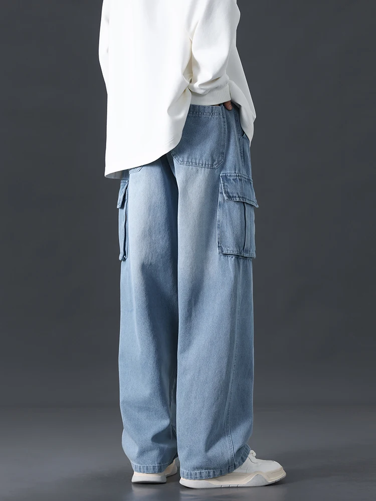 Plus Size Cargo Jeans Men Multi-Pockets String Banding Wide Leg Casual Denim Pants Male Straight Jean Trousers 6XL 7XL 8XL