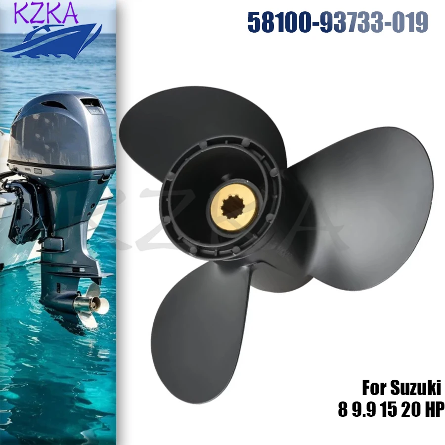Outboard 58100-93733-019 Propeller 9 1/4X10 For Suzuki 8 9.9 15 20 HP Motor, 3 Blade, 10 Spline, Marine Replacement Accessories