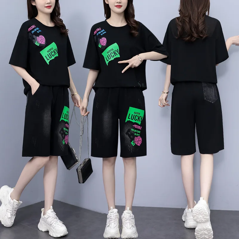 Women's Suit 2024 New Summer Casual Loose Short Sleeve Top Shorts For Sport Suits Women Matching Two Piece Set