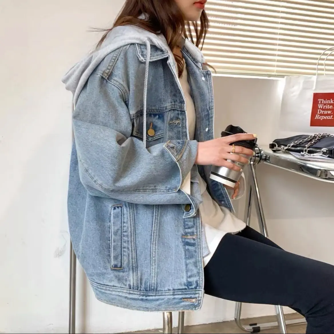 

2025 New Retro Denim Jacket Women, Korean Oversized Hooded Long Sleeve Coat Casual Chic Spring Fall Top