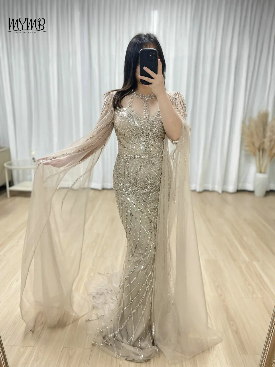 MYMB Elegant Cape Sleeves Evening Celebrity Dress for Women Party Arabic Luxury Beaded Mermaid O Neck Wedding Guest Gown MB40291