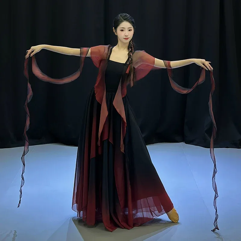 

Classical dance gauze, black and red women's national style dance suit 360-degree double-layer pendulum skirt, silk suit