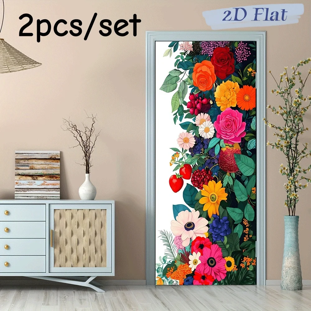2 pegatinas de pared con diseño de flores coloridas que adoptan tecnología de impresión de alta definición, seleccionando una variedad de flores coloridas y verdes.