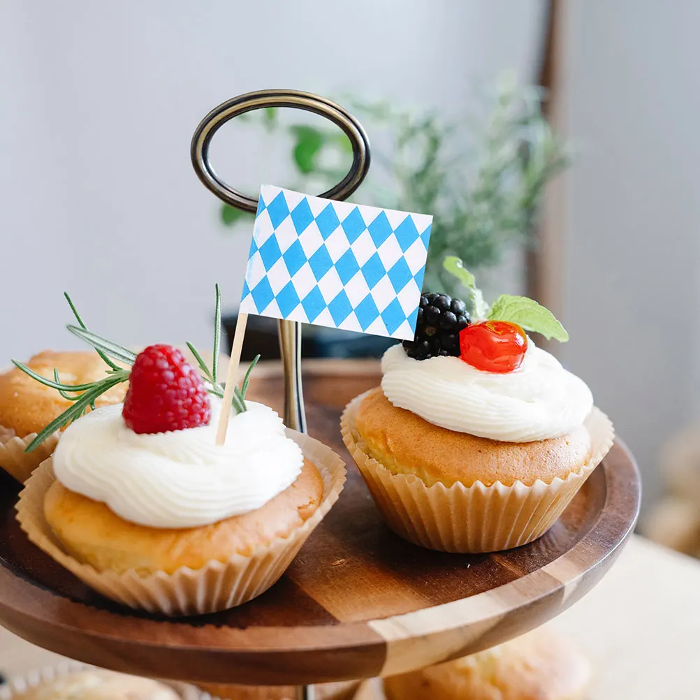 

100pcs Blue White Plaid Toothpick Flag Cake Decor Dessert Picks Fruits Wood Skewers BBQ Party Supplies Bavarian Ornaments