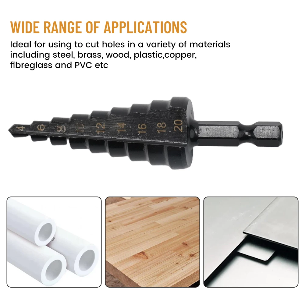 홈 스텝 드릴 비트 전기 드릴 실용적인 3면 생크 디자인 검정색 HSS 강철 열처리 고광택