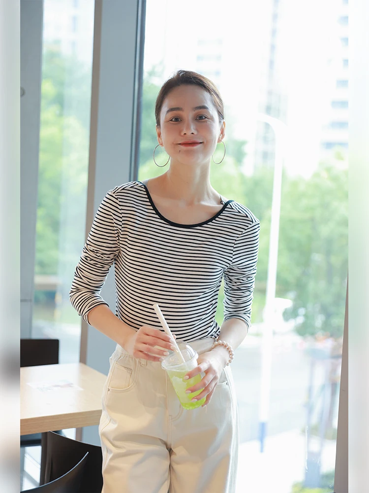 

Классическая полосатая футболка WinnieTang, легкий длинный хлопковый топ све, эластичный базовый слой для женщин, рубашка для поездок на работу