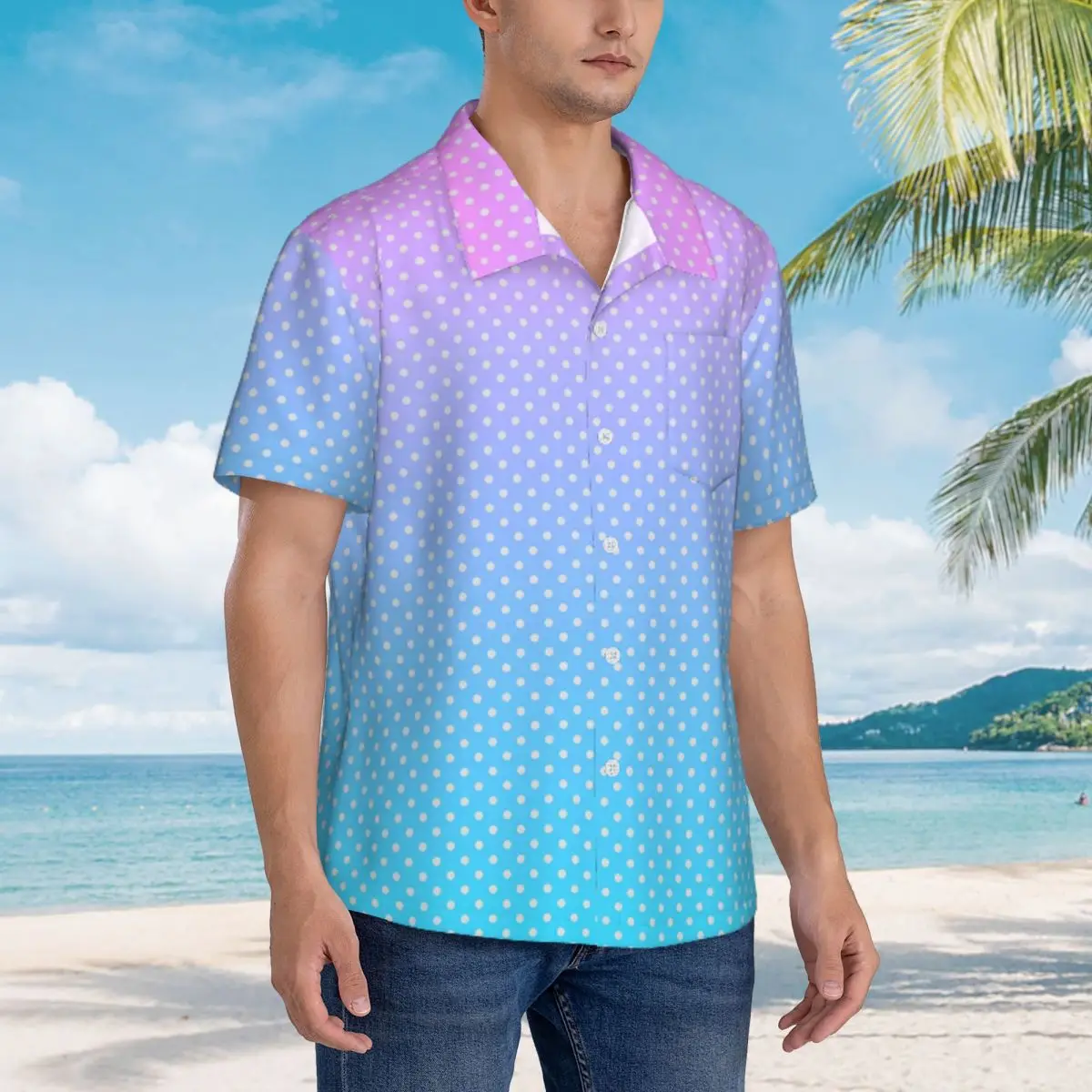 Hawaii Shirt Beach Polka Dots Print Blouses Pastel Gradient Loose Casual Shirts Men Short Sleeve Street Style Tops