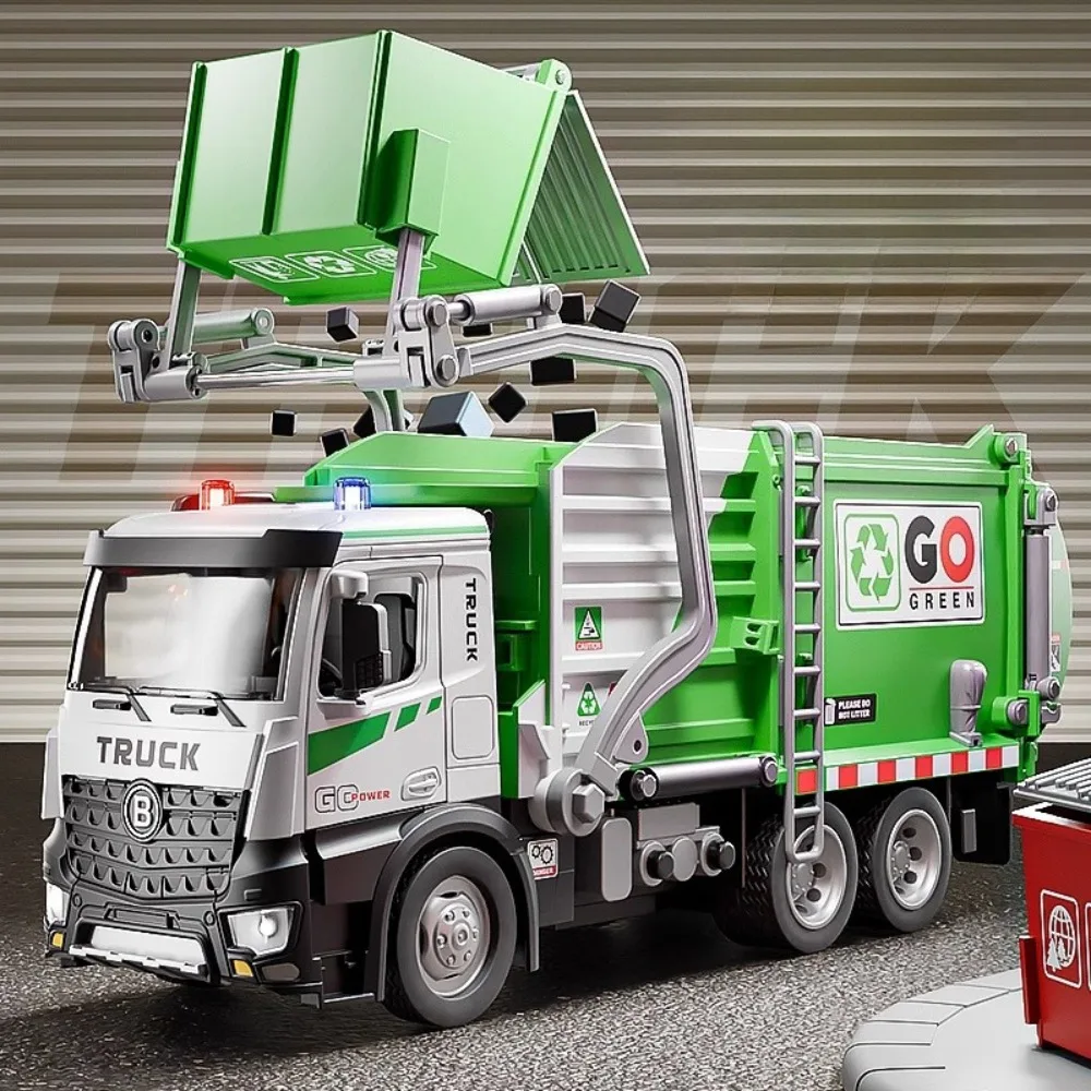 Vehículo eléctrico de saneamiento de ciudad 1:18, modelo de aleación, coche de juguete fundido a presión, doble gancho, camión de rescate, luz de sonido, regalos para niños