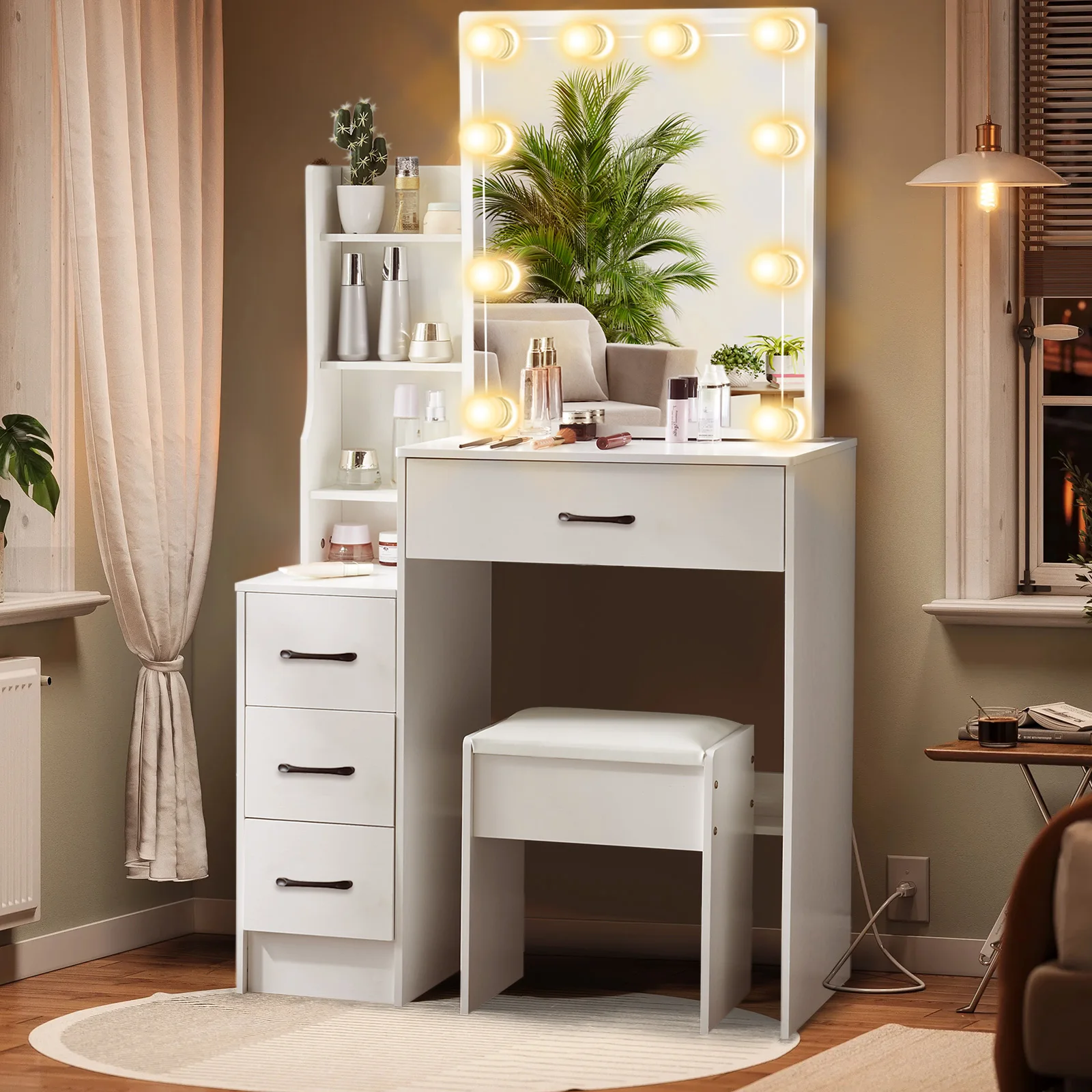 LED Makeup Vanity Desk Set with Mirror & Stool, 10 LED Lights Dressing Table with 4 Drawers, Bedroom Vanity Table for Women