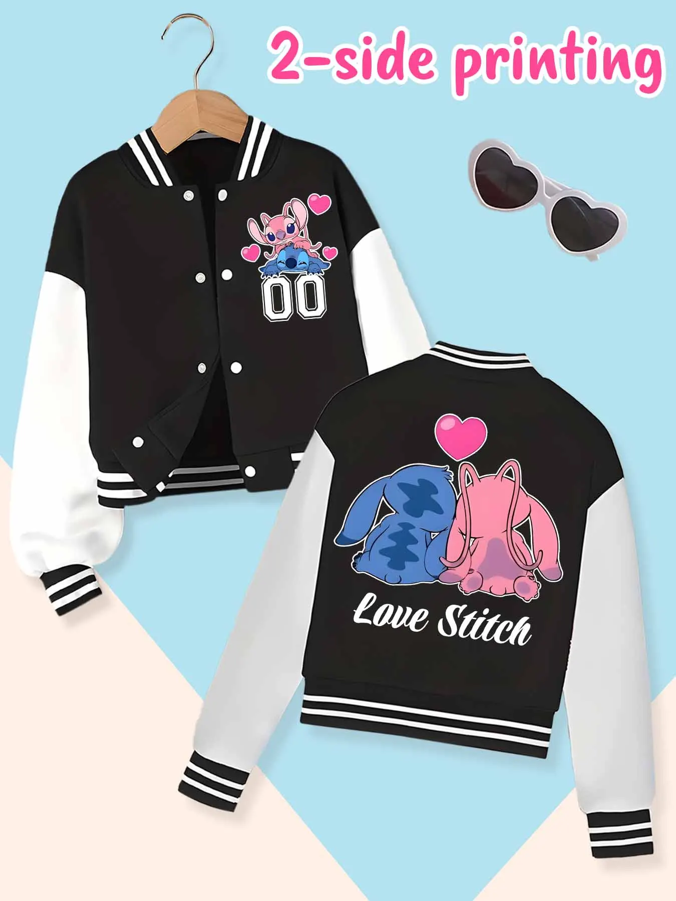 Jaqueta de beisebol tendência da moda Disney, adequada para esportes diários e roupas casuais, impressa com lindo padrão Stitch, belo presente.