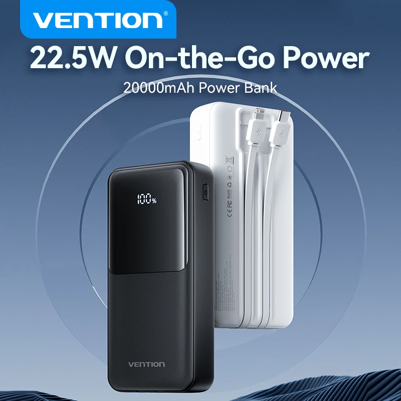 Vention 20000mAh Power Bank 22.5W Dual Fast Charging Cables Portable Battery Charger For iPhone 15 14 13 12 Pro Max Xiaomi Samsu