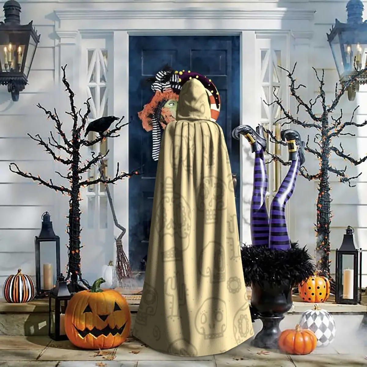 Capa con capucha de Vector sin costuras para hombres y mujeres, calaveras de azúcar, arena, Cosplay de fiesta de Halloween, bata larga de brujería, capucha