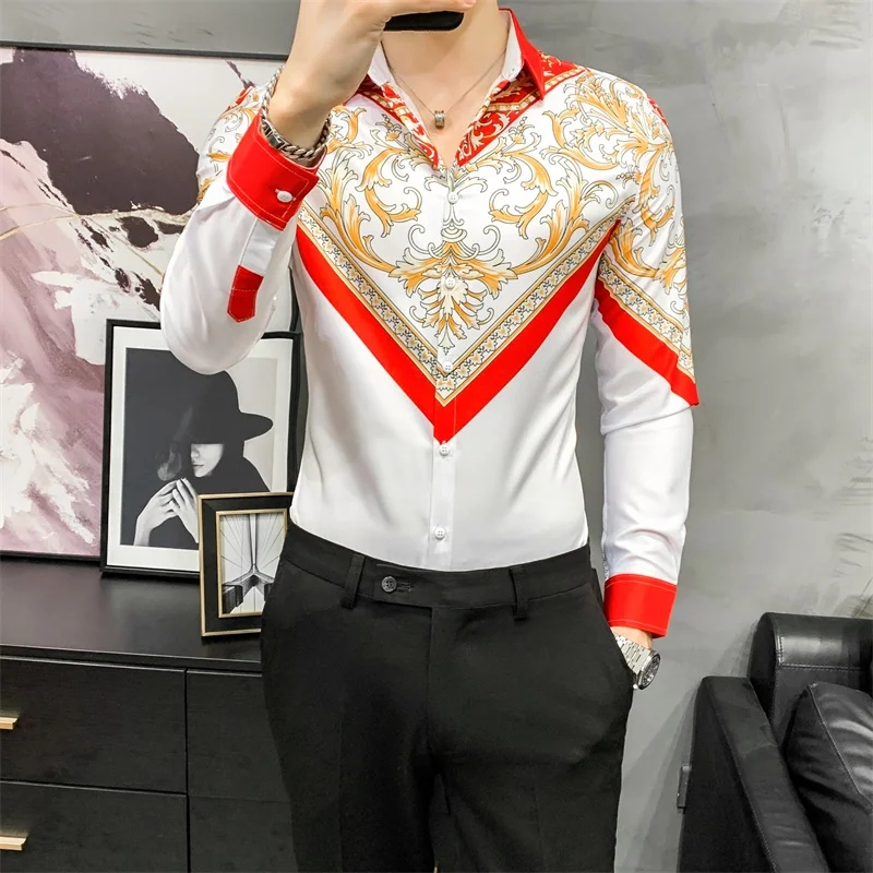 Luxury Gold Print Men Shirt Retro Long Sleeve Shirts Casual Slim Fit Tops Party NightClub Tuxedo Shirts Streetwear Chemise Homme