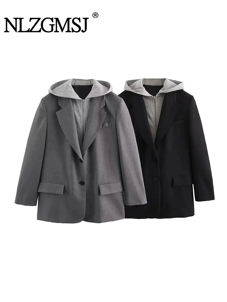 

TRAF 2024 Autumn Winter Hooded Splicing Blazer Women Single Breasted Office Blazer Woman Jackets Long Sleeve Coat New Outerwear