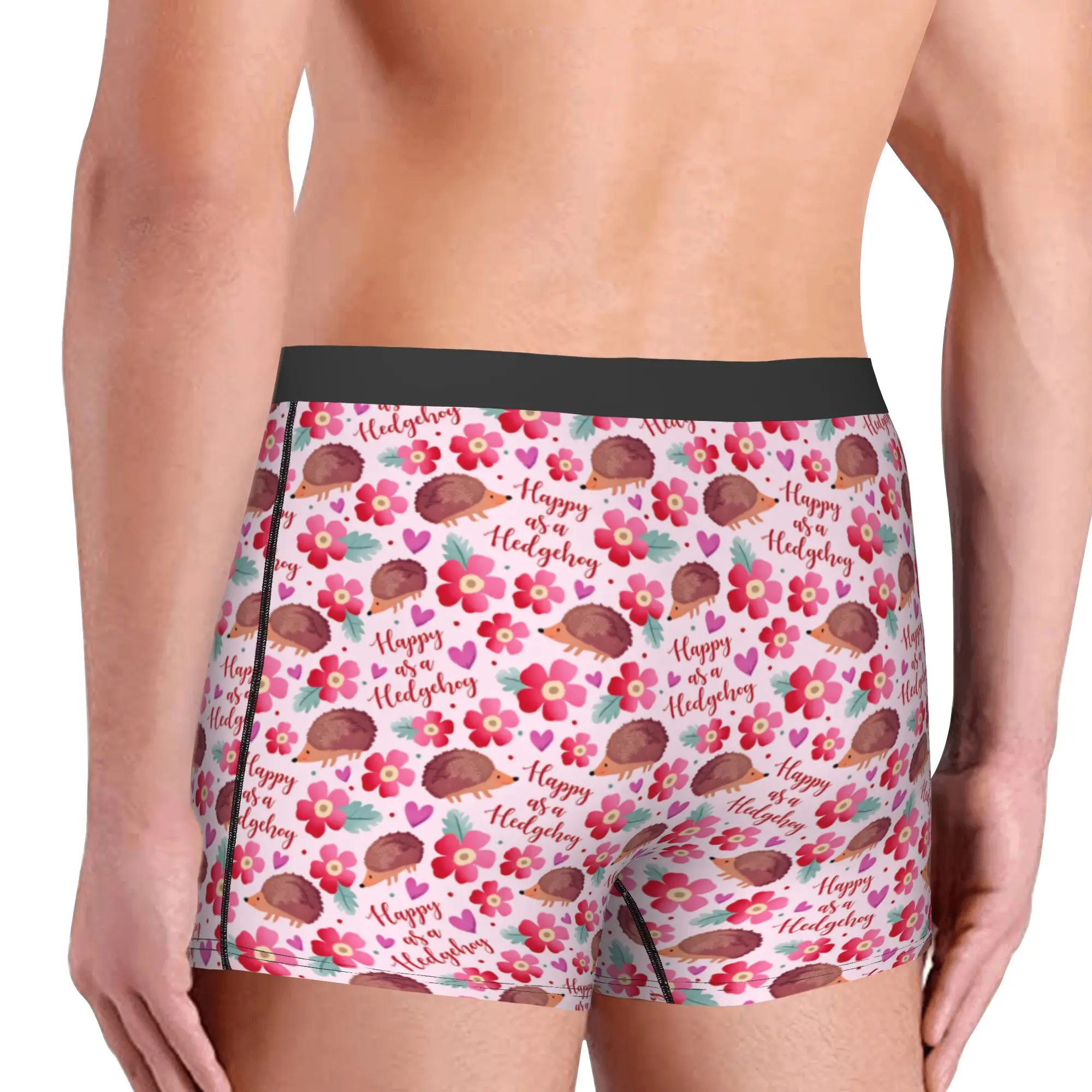 Male Funny Happy As A Hedgehog Furze Pig  Underwear Flowers and Hearts on Pink  Boxer Briefs Stretch Shorts Panties Underpants