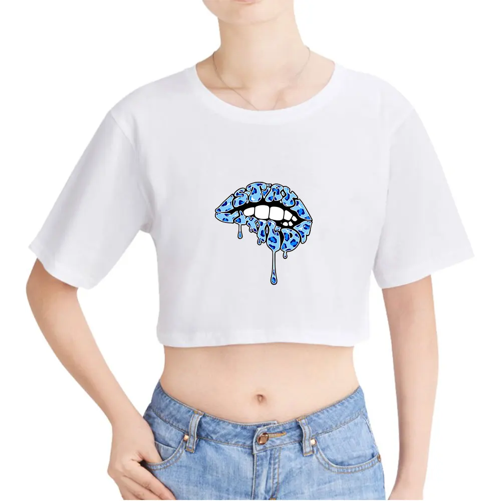 Ben Azelart Stay Wild Lip Vintage 90s Crop Top Exposed Navel Funny T-Shirt Oversize O-Neck Tops Tshirt Top Women