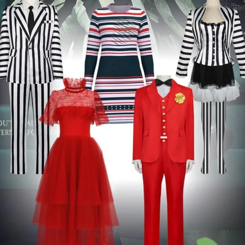 

New Beetlejuices Shoulders 2 Cosplay Costume Michaels Keatons Black White Striped Suit Reds Weddings Dress Halloween Costumes