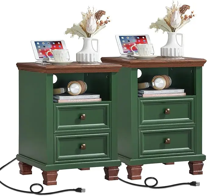 Farmhouse Nightstand Set of 2 with Charging Station, Rustic White Nightstand,2 Drawers End Table for Living Room,bedside Table
