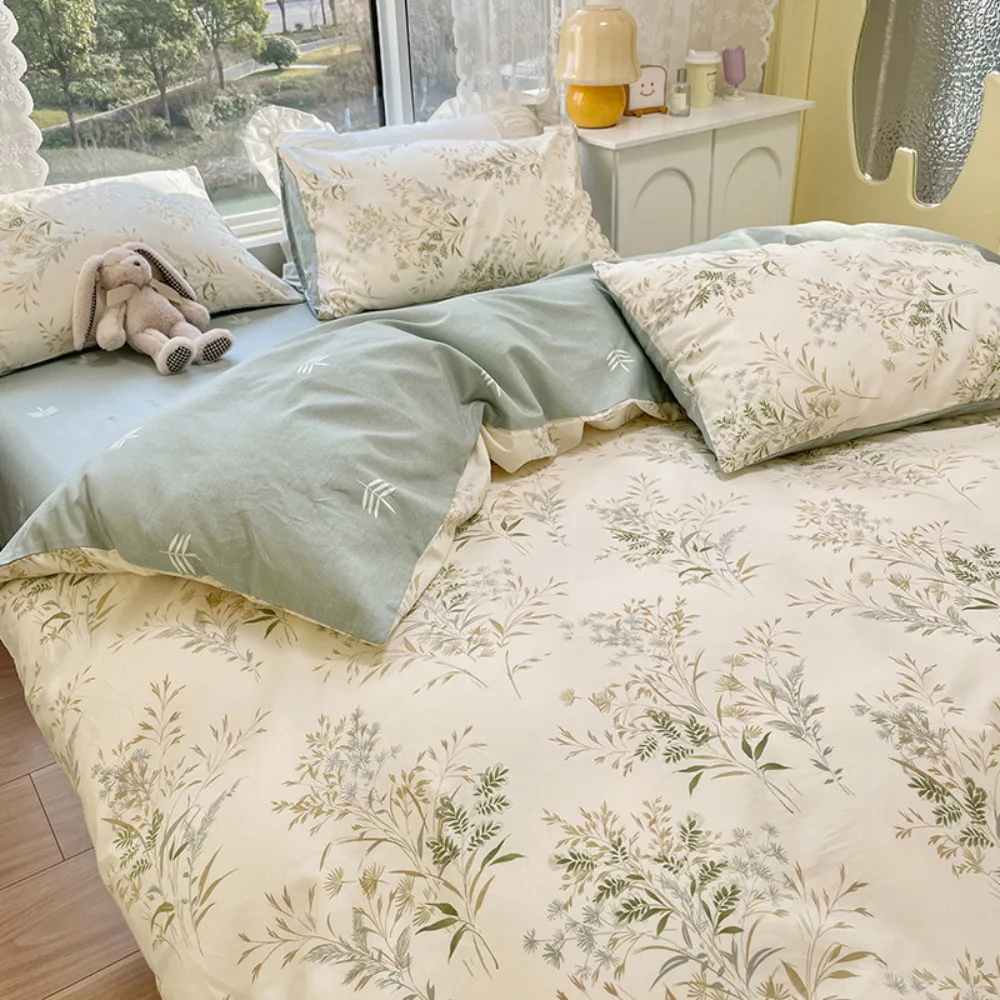 Cotton Long Staple Cotton 4 Pcs Bedding Set Solid Cotton Sheet And Duvet Cover For Student Dormitory Home Bedroom