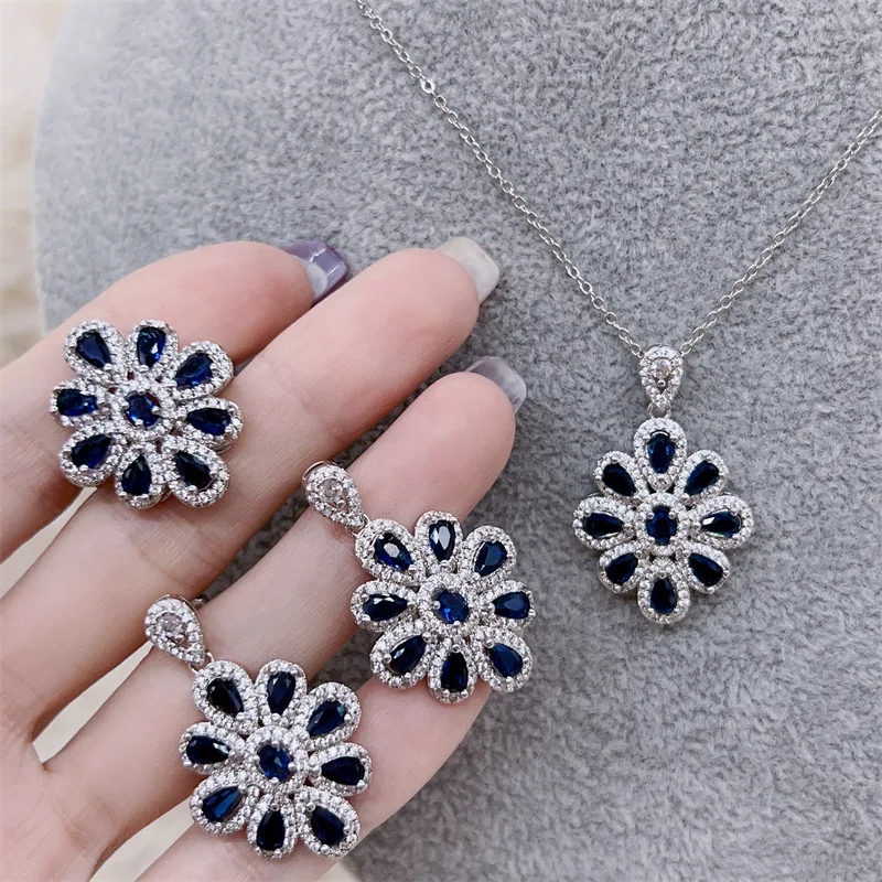 

silver 925 Full diamonds blue gemstone peacock feather necklace ring earrings high-end collar chain luxury JewelIry sets