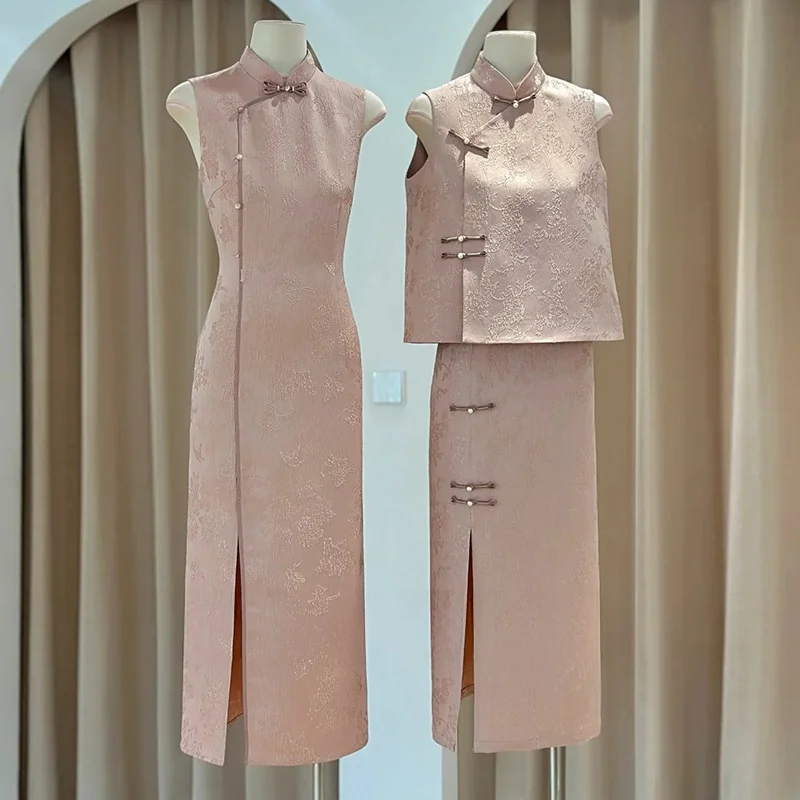 

New Chinese Sle Wedding Dr Set for Women High Waist Suit Pink Summer Wedding Ceremony Dr