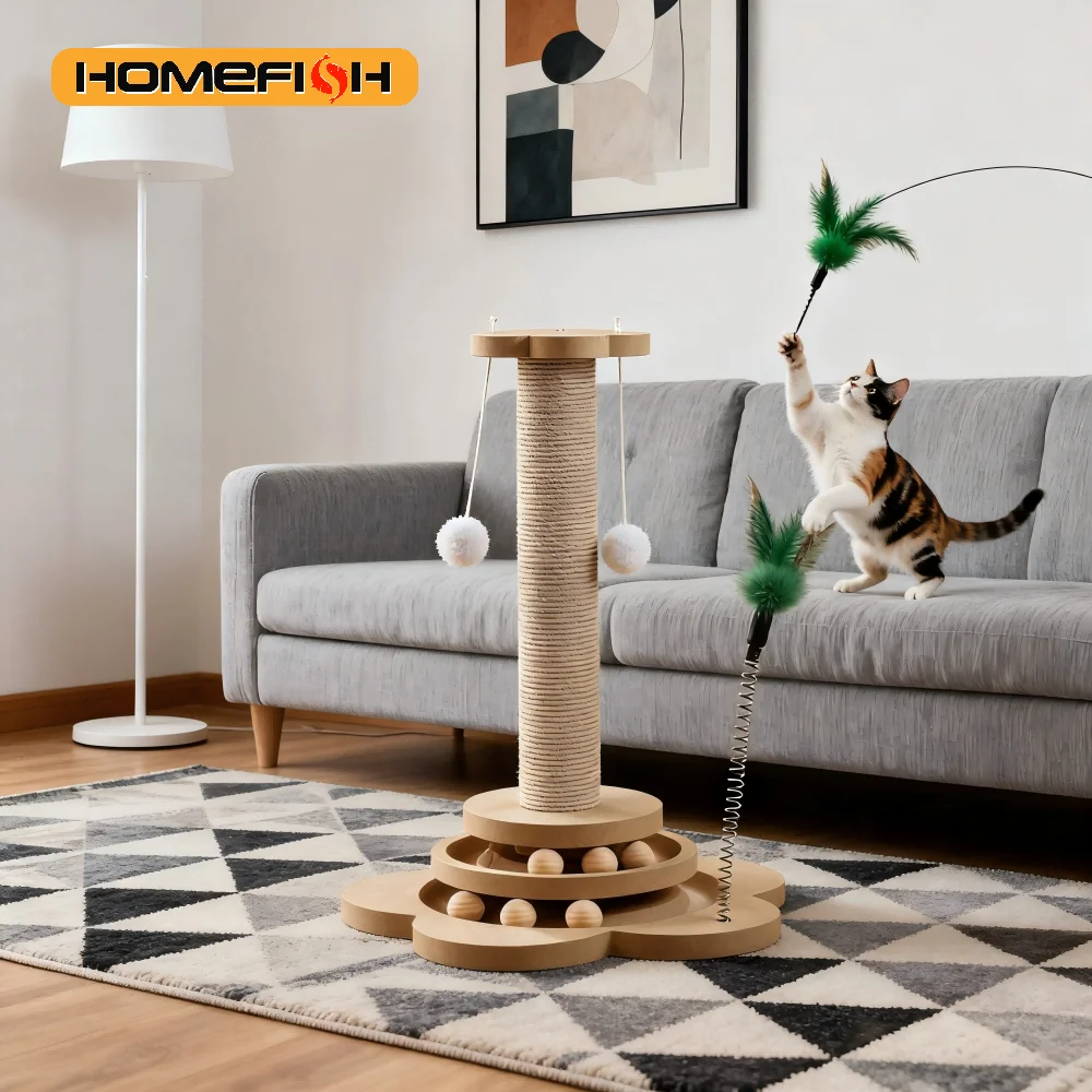 Juguete para Gatos de Madera Maciza, Plataforma Giratoria Divertida con Bolas, Rascador Duradero de Sisal, Columna de Rascado para Gatos