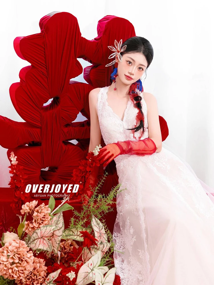 

Утренний халат невесты, вечернее платье, платье для дня рождения, сказочное корейское кружевное легкое свадебное платье в лесном стиле, высококачественное, с эффектом драпировки на шее...