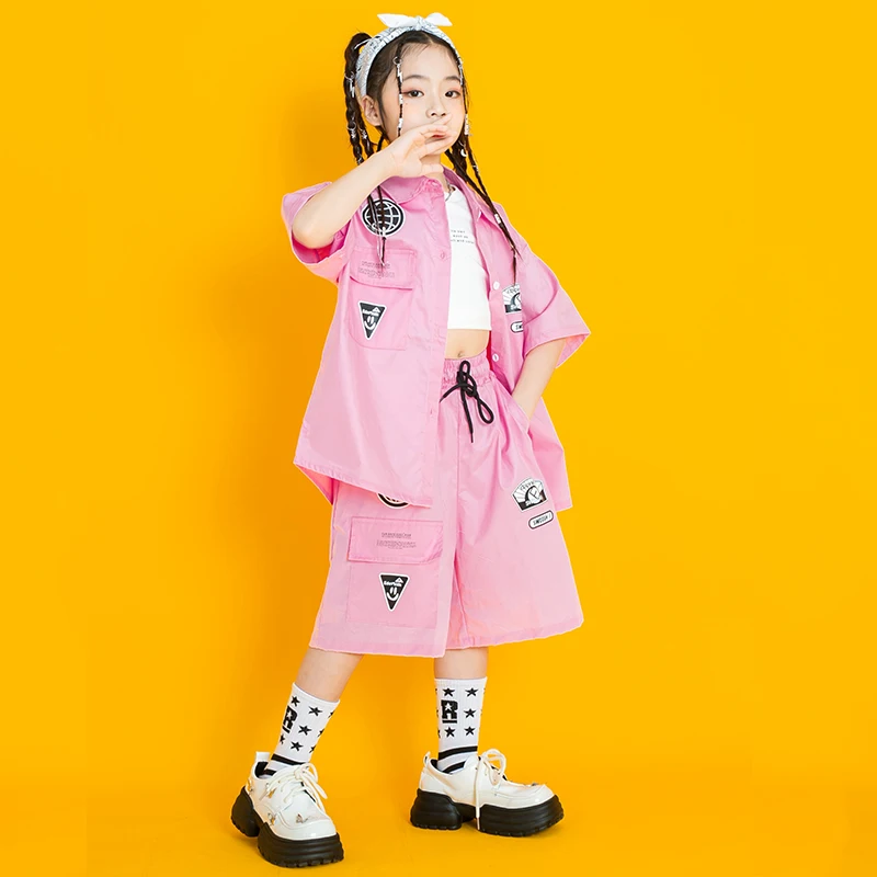 Abbigliamento da strada per bambini abiti da adolescente Hip Hop abbigliamento camicia rosa top pantaloncini Cargo rosa per ragazza ragazzo Jazz Dance Costume vestiti