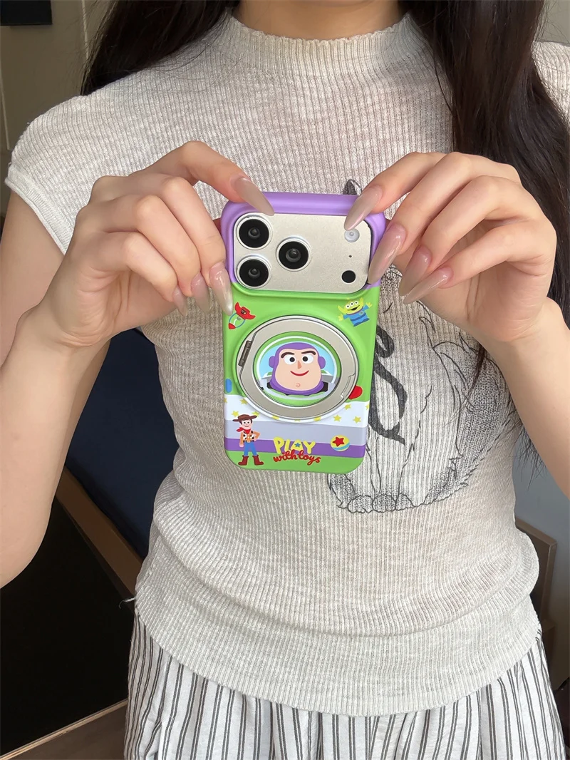 Kawaii Cartoon Character 360° Rotating Stand Phone Case For iPhone 15 16 17 Pro Max Two-color Shockproof Protective Teen Cover