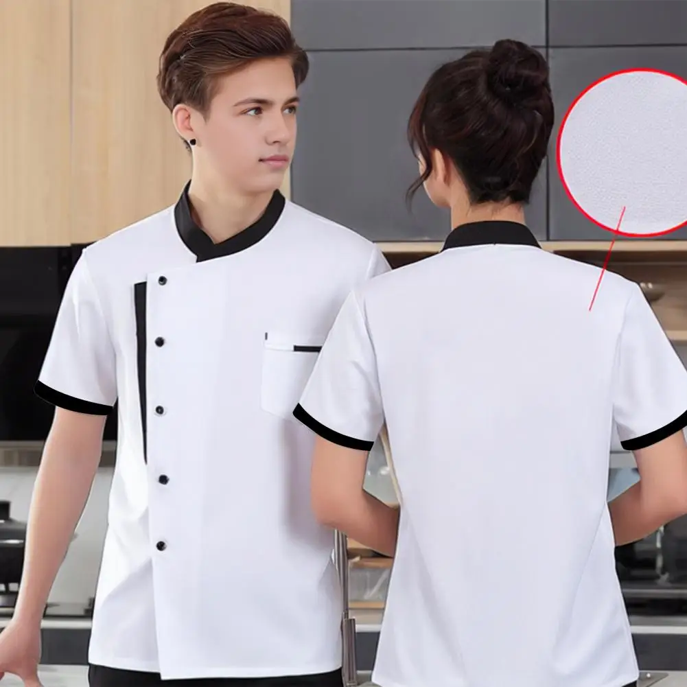 Women Men Stand Collar Chef Shirt Summer Short Sleeves Chest Pockets Chef Uniform Kitchen Bakery Clothes Hotel Waiter Shirt