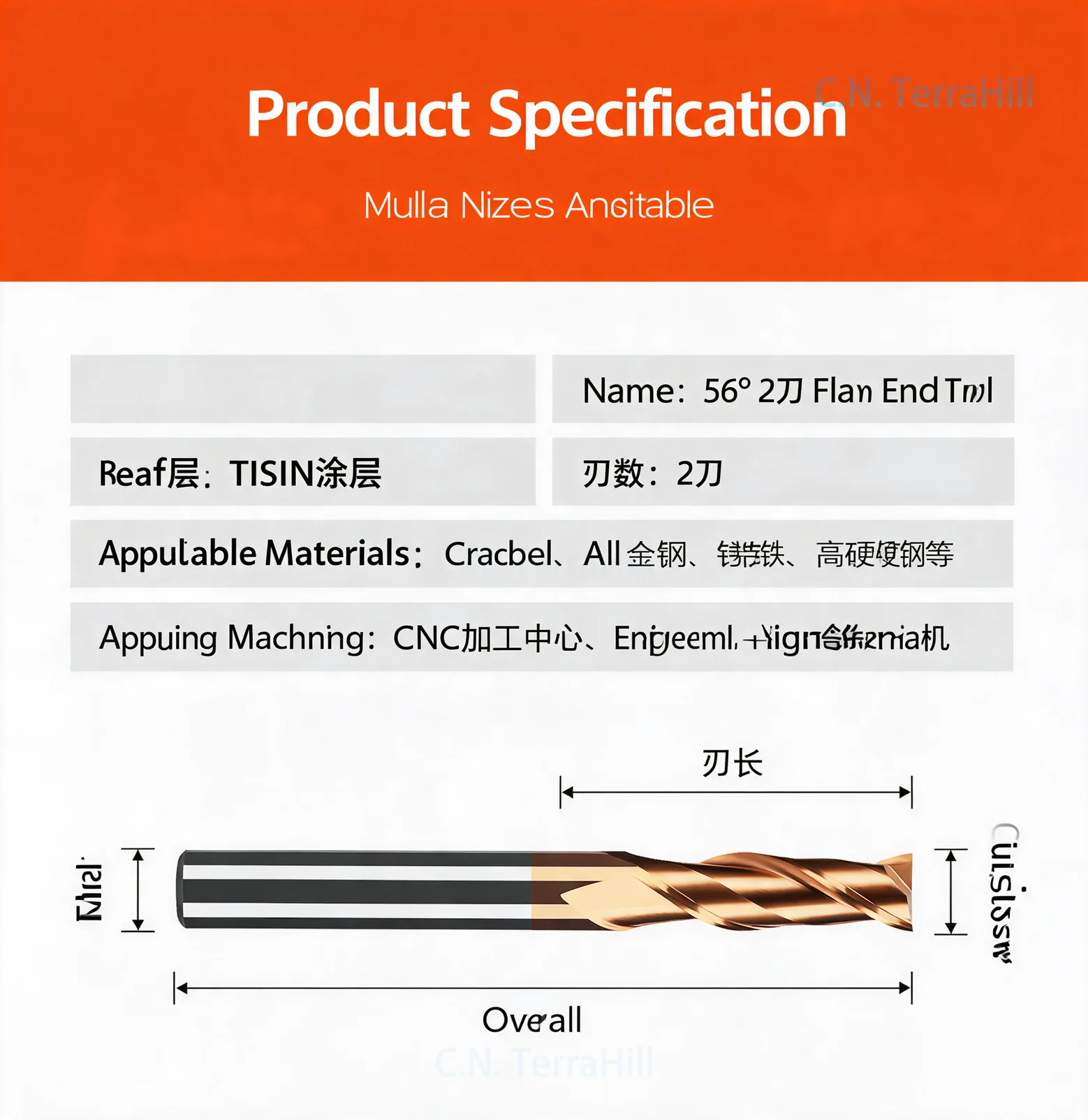 55 Degree 2 Flute Tungsten Carbide End Mill Extra Long Bronze Coated Solid Carbide Slotting Keyway Milling Cutter