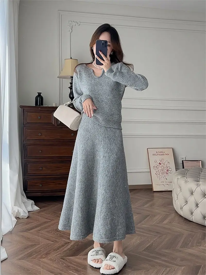 Heavy Industry Sequin Yarn Set Autumn and Winter Korean Knitted Top Age Reducing Skirt Elegant Women\'s Two-piece Set