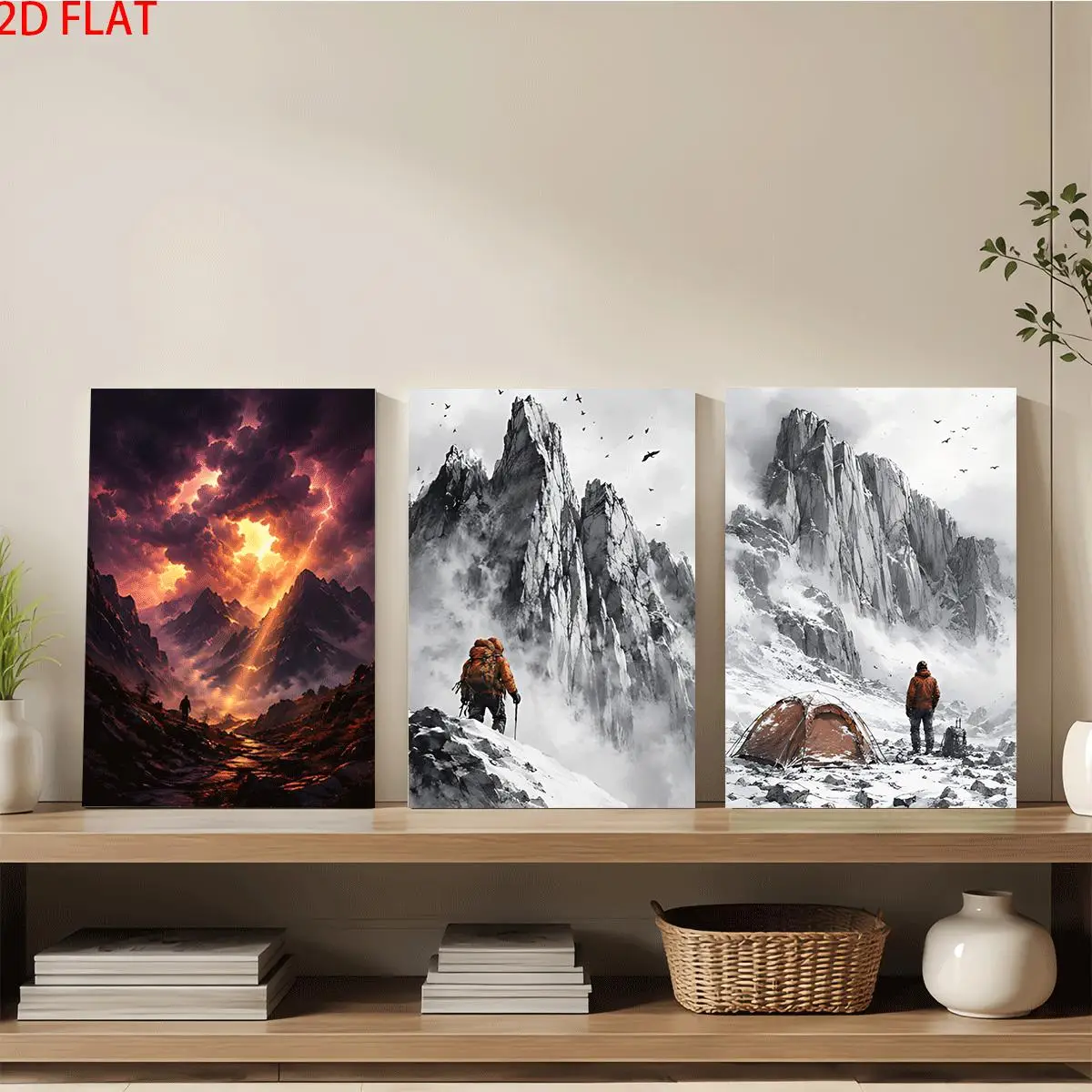 Frameless Canvas 2D Flat 3pc Wall Art – Three Mountain Scenes With Climbers Tents And Dramatic Skies Perfect For Aesthetic Wa