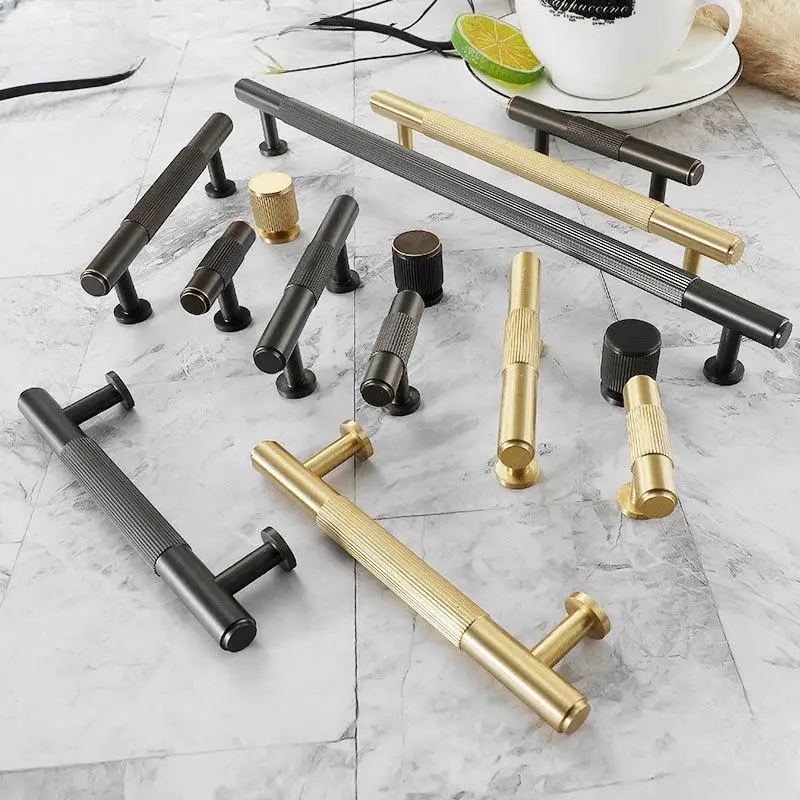 Knurled Solid Brass Cabinet Pulls Modern Nordic Drawer Handles Grey Gold Furniture Hardware For Kitchen Cabinet Wardrobe Dresser