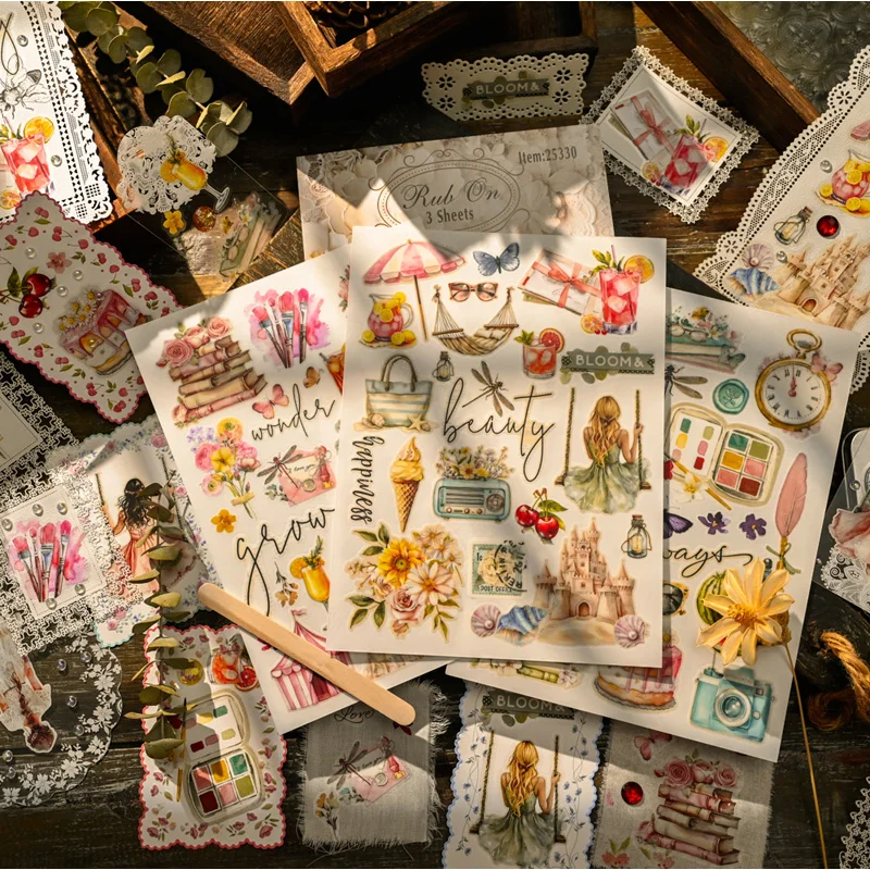 Summer Aesthetic Girls Transfer Stickers Cute Gelato Books & Drinks Rub-Ons for Scrapbooking Junk Journaling
