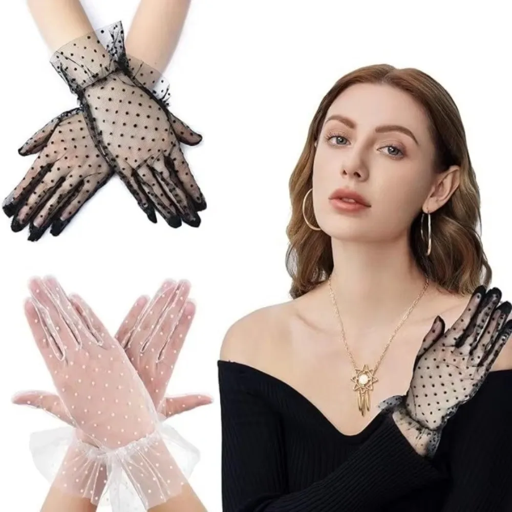 Ultra Thin Tulle Polka Dot Gloves Transparent Breathable Lace Mesh Gloves Full Finger Wedding Party Mittens Dancing Party