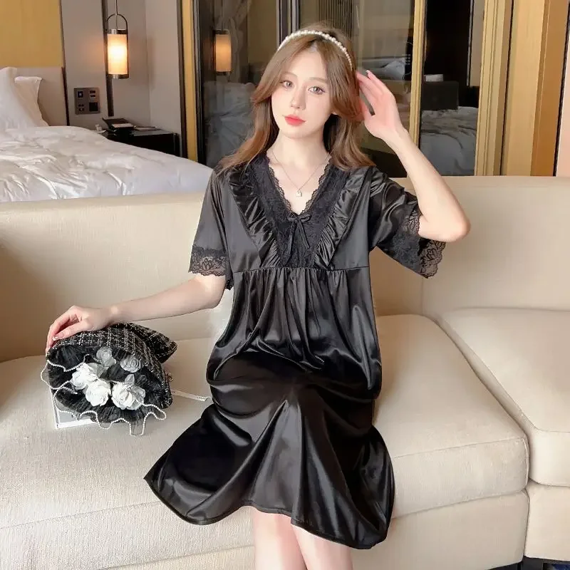 Summer Sexy V-neck Lace Black Short-sleeved Nightdress  Ice Silk Mid-length Pajamas Skirt Ladies Loose Dress Sleepwear Women