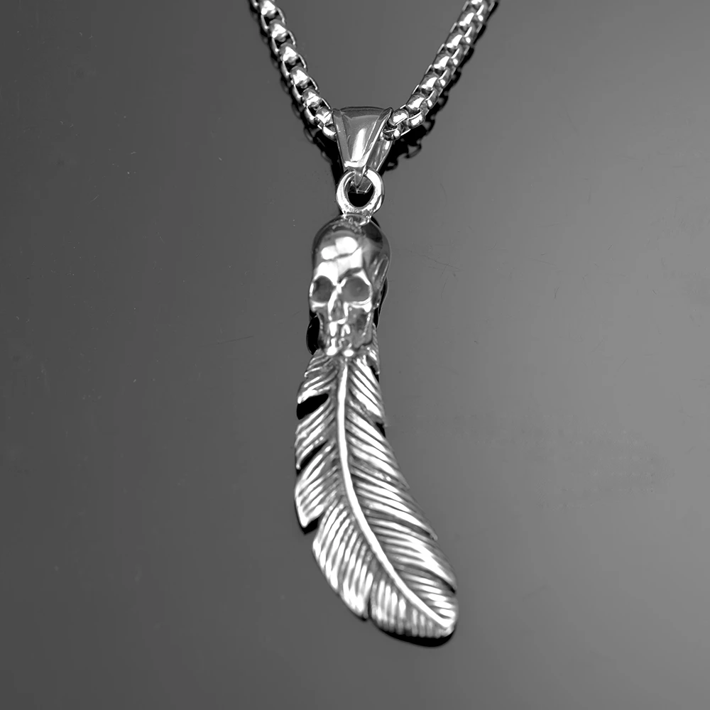 Skull Head Feather Titanium Steel Pendant for Men and Women Punk Gothic Necklace Personalized Stainless Steel Jewelry