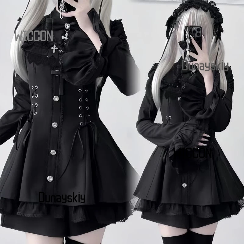 

Sweetheart Encounter Decora Kei Lolita Dress Set: Lace Detachable Bib Bell SleevesWaist Cinching Daily/Halloween Gothic Kawaii