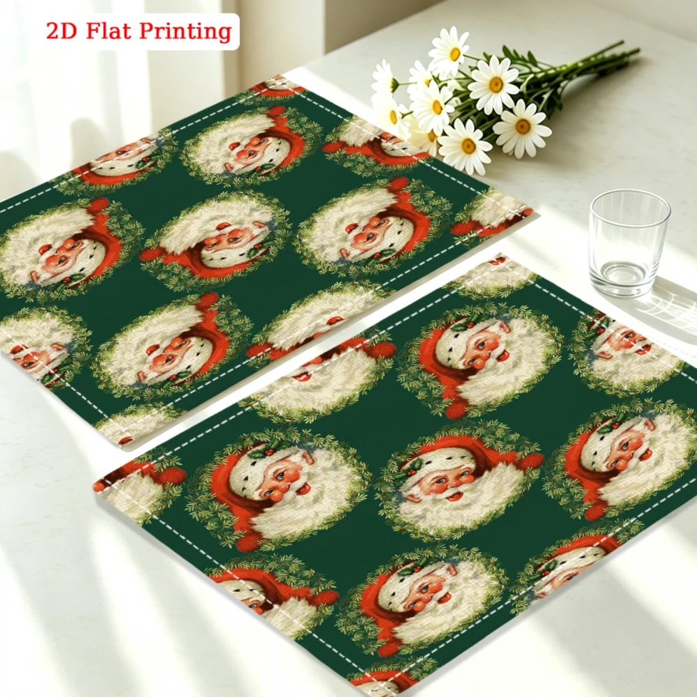 1pc Vintage Christmas Green Santa Claus Print Placemat Dining Kitchen Home Decor Protection 30x40cm