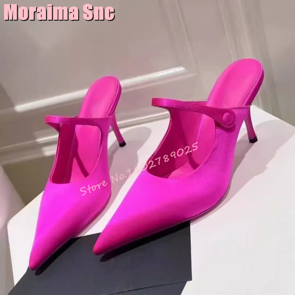 

Rosy Red Satin Pointy Toe Slippers Ankle Strap Stiletto High Heel Sexy Fashion Women's Shoes Summer 2024 New Banquet Party Solid