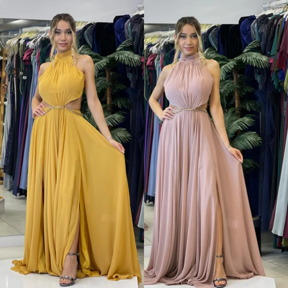 

Customized Jersey Sequined Ruched Party A-line High Collar Bespoke Occasion Gown Long Dresses